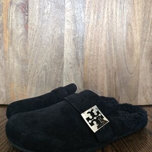 Tory Burch Mellow Suede Shearling Buckle Loafer Mules